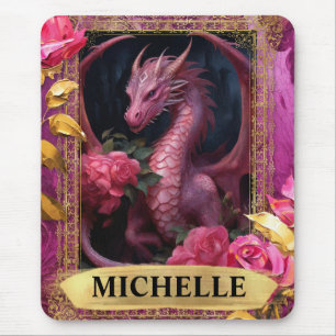 Tapis De Souris Dragon et Roses Fantastiques Fuchsia Romantique