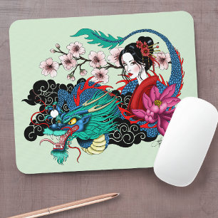 Tapis De Souris Dragon Geisha Asiatique Cerisiers en Fleur Bleu