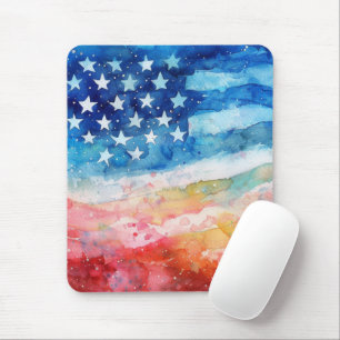 Tapis De Souris Drapeau américain à l'aquarelle rouge blanc et ble