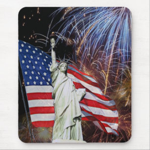 Tapis De Souris Drapeau américain, feux d'artifice et statue de l
