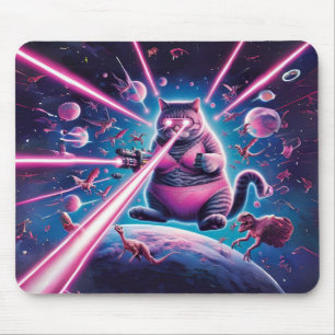 Tapis De Souris Drôle chat géant et dinosaures dans l'espace