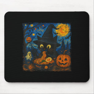 Tapis De Souris Drôle Halloween Chat Noir Manger Ramen Starry Nigh