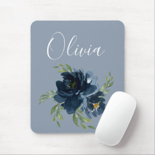 Tapis De Souris Dusty Blue Nom élégant Floral Aquarelle moderne