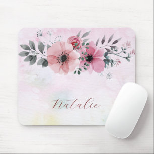 Tapis De Souris Dusty mignon nom monogramme fleur girly rose scrip