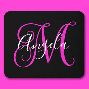 Tapis De Souris Écriture Élégante Monogramme Noir Blanc Magenta Ch