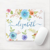 Tapis De Souris Écriture monogramme chic boho bleu floral (Avec souris)