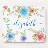 Tapis De Souris Écriture monogramme chic boho bleu floral (Devant)