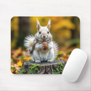 Tapis De Souris Écureuil blanc d'automne sur une souche d'arbre