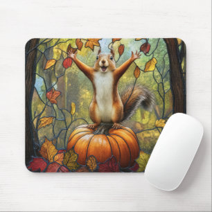 Tapis De Souris Écureuil d'automne sur citrouille en vitrail