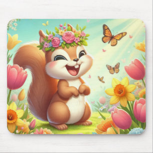 Tapis De Souris Écureuil du printemps mignon et heureux