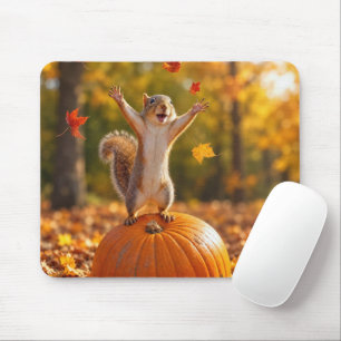 Tapis De Souris Écureuil heureux lançant des feuilles d'automne da