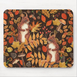 Tapis De Souris Écureuils automnaux et flore sur brun foncé