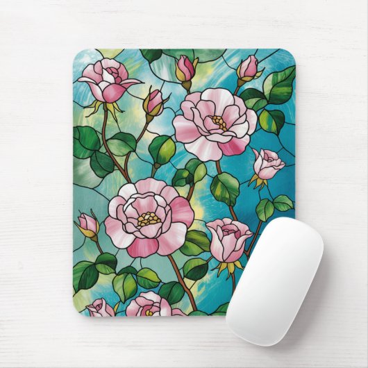 Tapis De Souris Effet Vitrail Floral Fleurs Roses Botanique (Avec souris)