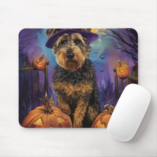 Tapis De Souris Éffrayant Airedale Halloween sorcière et Citrouill (Avec souris)