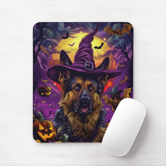 Tapis De Souris Éffrayant allemand berger Halloween sorcier Citrou (Avec souris)