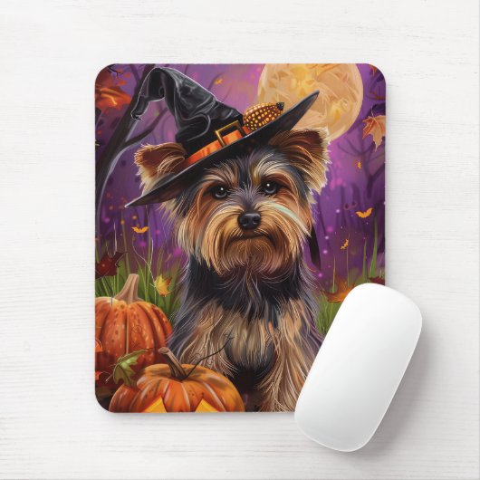 Tapis De Souris Éffrayant Biewer Terrier Halloween Witch Et Citrou (Avec souris)