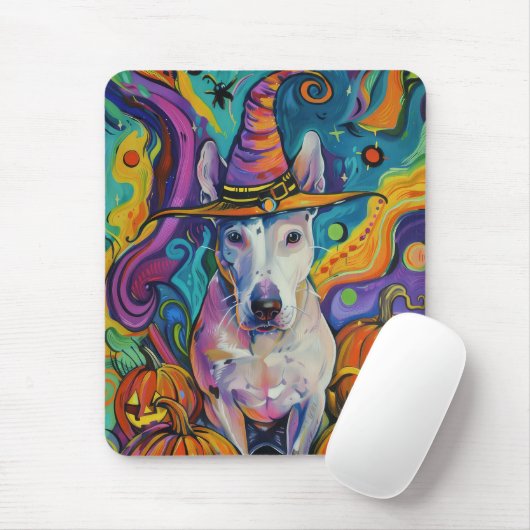 Tapis De Souris Éffrayant Bull Terrier Halloween sorcière et Citro (Avec souris)