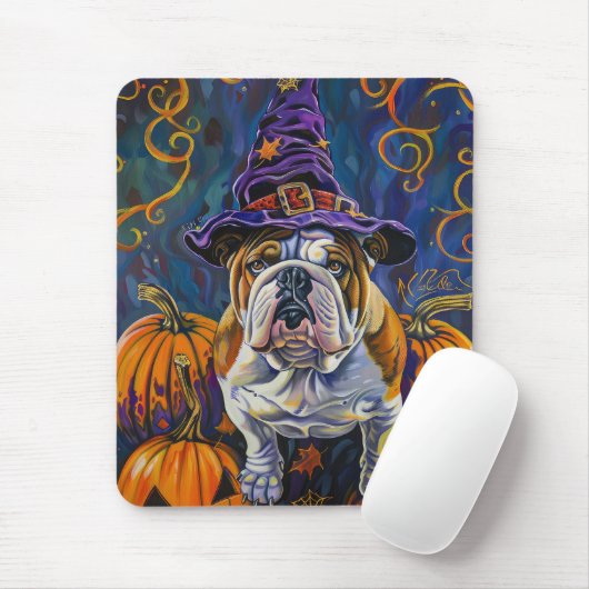 Tapis De Souris Éffrayant Bulldog Halloween sorcière et Citrouille (Avec souris)