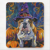 Tapis De Souris Éffrayant Bulldog Halloween sorcière et Citrouille (Devant)