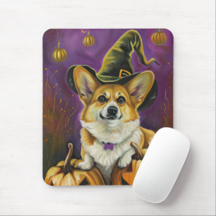 Tapis De Souris Éffrayant Corgi Chien Halloween Citrouille sorcier