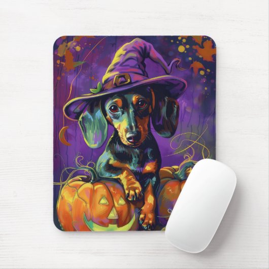 Tapis De Souris Éffrayant Dachshund Chien Halloween sorcière et Ci (Avec souris)