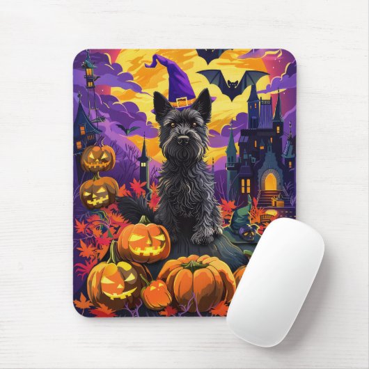Tapis De Souris Éffrayant écossais Terrier Citrouille de sorcière  (Avec souris)
