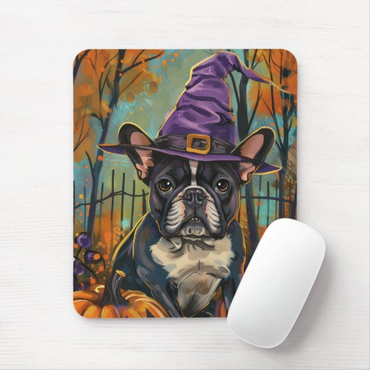 Tapis De Souris Éffrayant Français Bulldog Halloween sorcière et C (Avec souris)