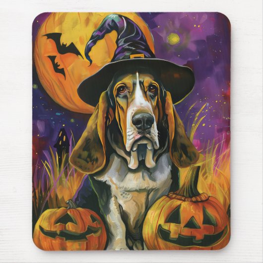Tapis De Souris Éffrayant Halloween Hound Sorcière Et Citrouille (Devant)
