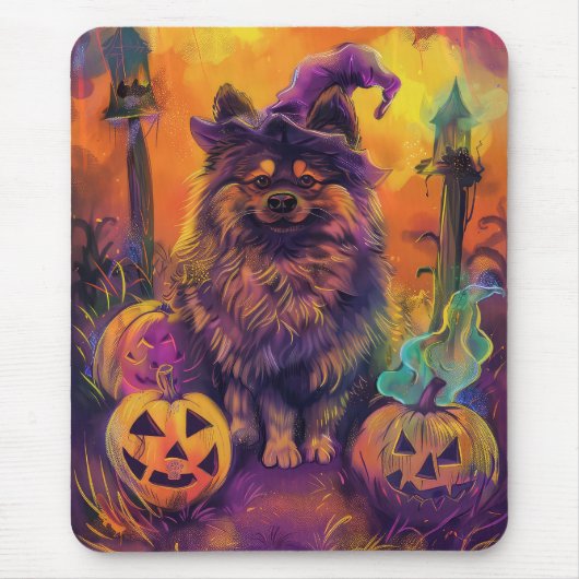 Tapis De Souris Éffrayant Keeshond Chien Halloween sorcière et Cit (Devant)