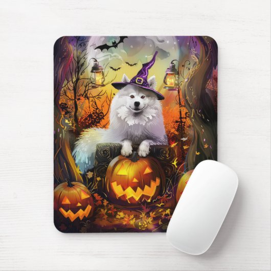 Tapis De Souris Éffrayant Samoyed Chien Halloween sorcière et Citr (Avec souris)