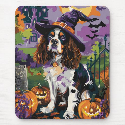 Tapis De Souris Éffrayant Springer Spaniel Halloween Witch Citroui (Devant)