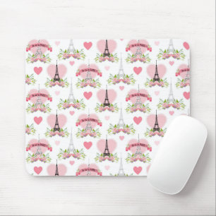 Tapis De Souris Eiffel Tower Flowers Pink Hearts Paris French