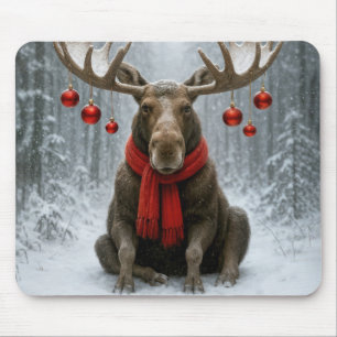 Tapis De Souris Élan de Noël dans une forêt enneigée