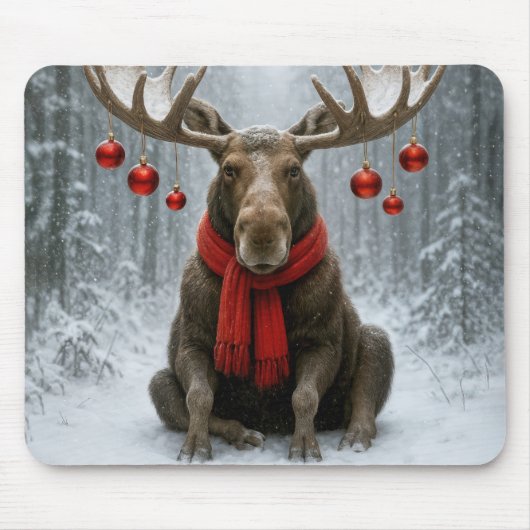 Tapis De Souris Élan de Noël dans une forêt enneigée (Devant)