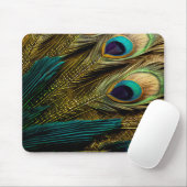 Tapis De Souris Elegant Abstract Teal Blue Gold Peacock Feathers | (Avec souris)