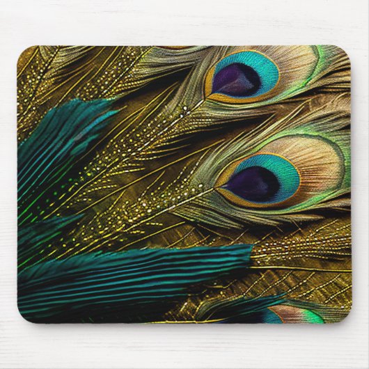 Tapis De Souris Elegant Abstract Teal Blue Gold Peacock Feathers | (Devant)