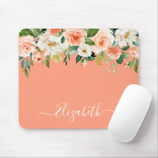 Tapis De Souris Élégant Aquarelle Pêche Floral Script tendance
