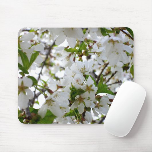 Tapis De Souris Élégant arbre à fleurs blanches en fleurs blanches (Avec souris)