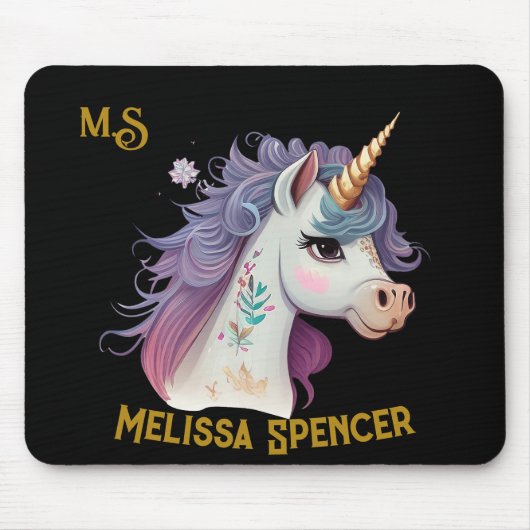 Tapis De Souris Élégant Black Magical Unicorn de filles tendance (Devant)