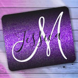 Tapis De Souris Elegant Black Ombre Violet Glitter Monogram