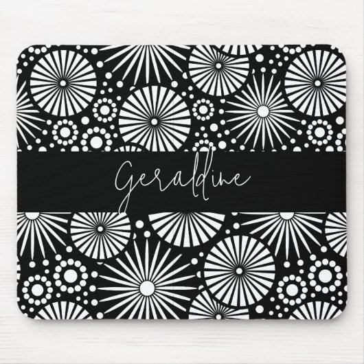 Tapis De Souris Elegant Black White Geometric Starburst Name (Devant)