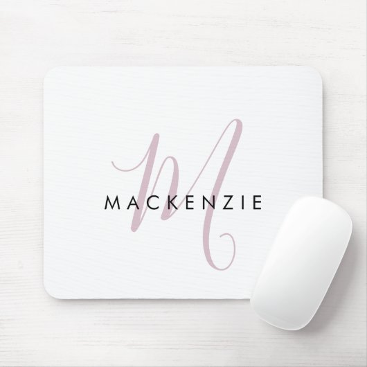 Tapis De Souris Élégant blanc blanc blanc clair rose Script Monogr (Avec souris)