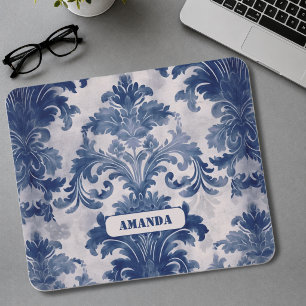 Tapis De Souris Élégant Bleu Vintage Toile de Jouy Damassé Monogra