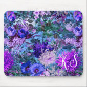Tapis De Souris Élégant bleu violet motif floral monogramme (Devant)