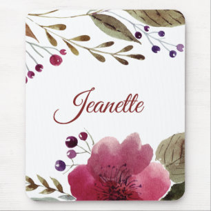 Tapis De Souris Elégant Bourgogne Aquarelle Fleurs Monogrammes