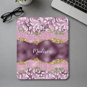 Tapis De Souris Élégant chatterie florale monogramme d'or rose vio