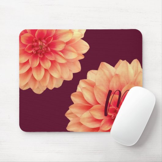 Tapis De Souris Élégant Dahlias Orange Fleurs Bourgogne Monogramme (Avec souris)