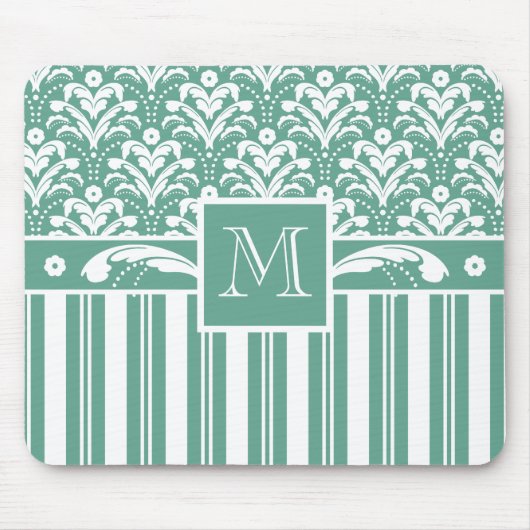 Tapis De Souris Elégant Damas vert de mer avec votre Monogramme (Devant)