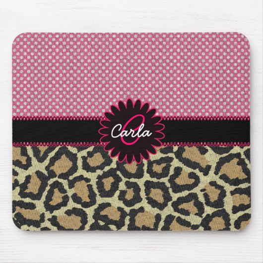 Tapis De Souris Élégant Empreinte de léopard et monogramme Polka D (Devant)