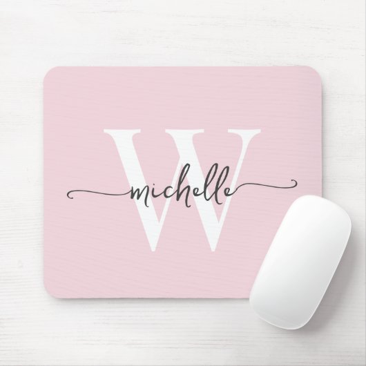 Tapis De Souris Élégant Fille Rose Bleu Monogramme Nom Script (Avec souris)